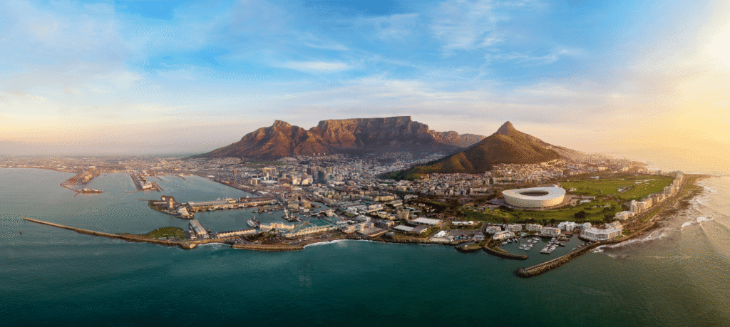 Cape Town city view with Table Mountain, beaches, and festive summer atmosphere