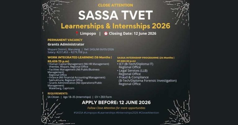 SASSA TVET Learnerships & Internships 2026: Apply Now!